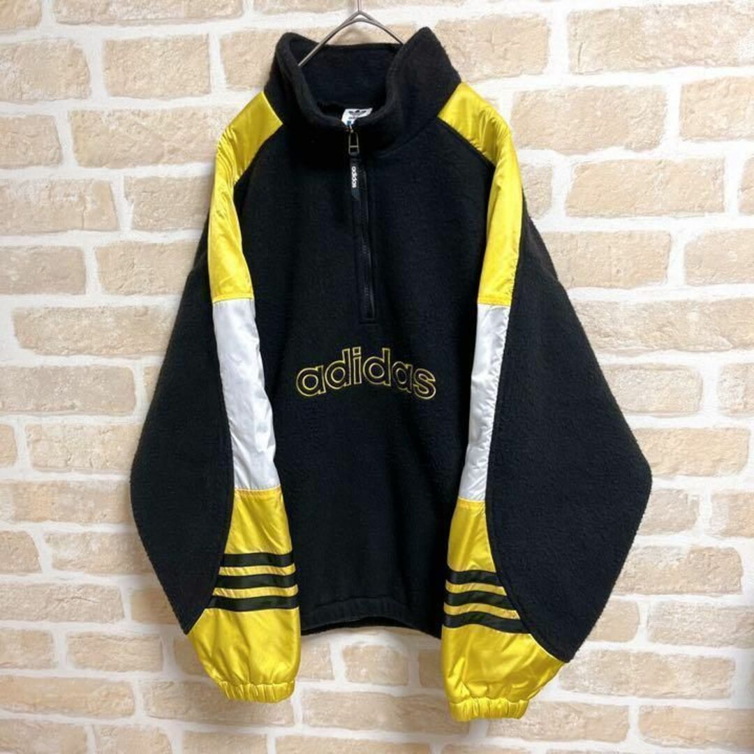 90s adidas アディダス ハーフジップ フリース 刺繍ロゴ 黒×黄