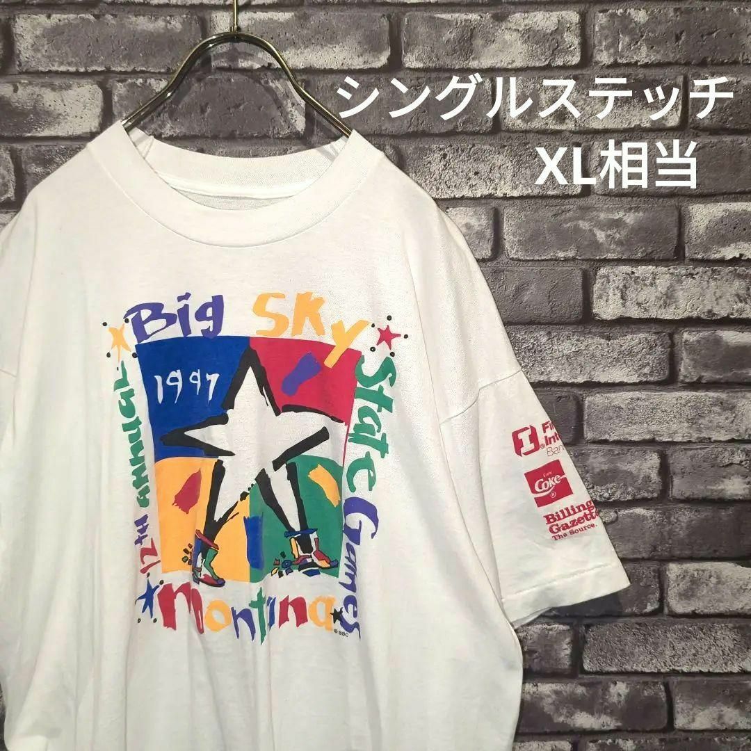 記念限定Tシャツ90sシングルステッチ半袖シャツ　ビッグプリント企業ロゴ　XL
