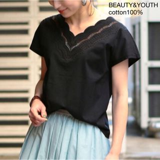 ビューティアンドユースユナイテッドアローズ(BEAUTY&YOUTH UNITED ARROWS)の331ビューティー&ユース刺繍コットン100％レースフレンチスリーブブラウスF黒(シャツ/ブラウス(半袖/袖なし))