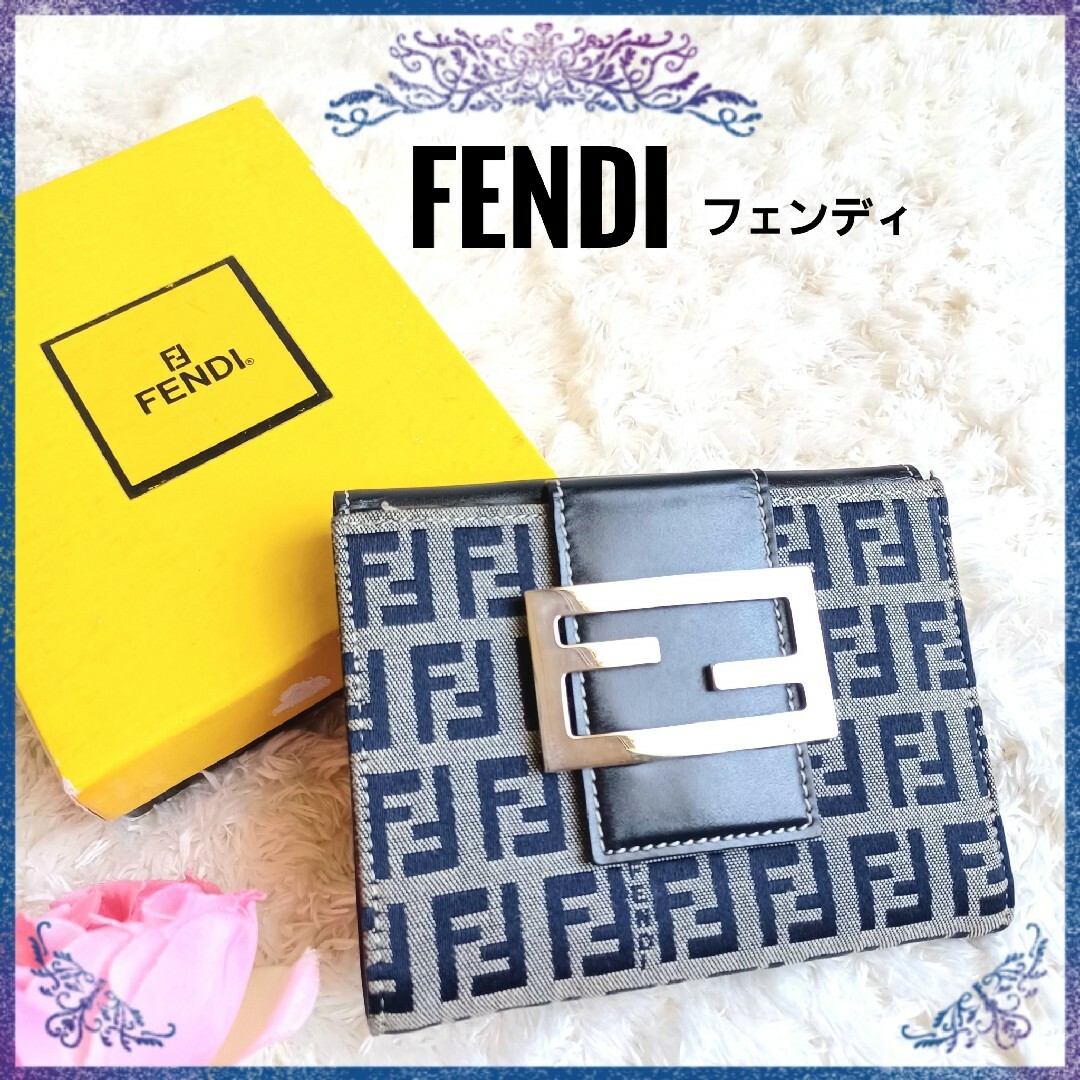 FENDI☆ズッカ柄 ズッキーノ キャンバス×レザー 二つ折り財布 ネイビー