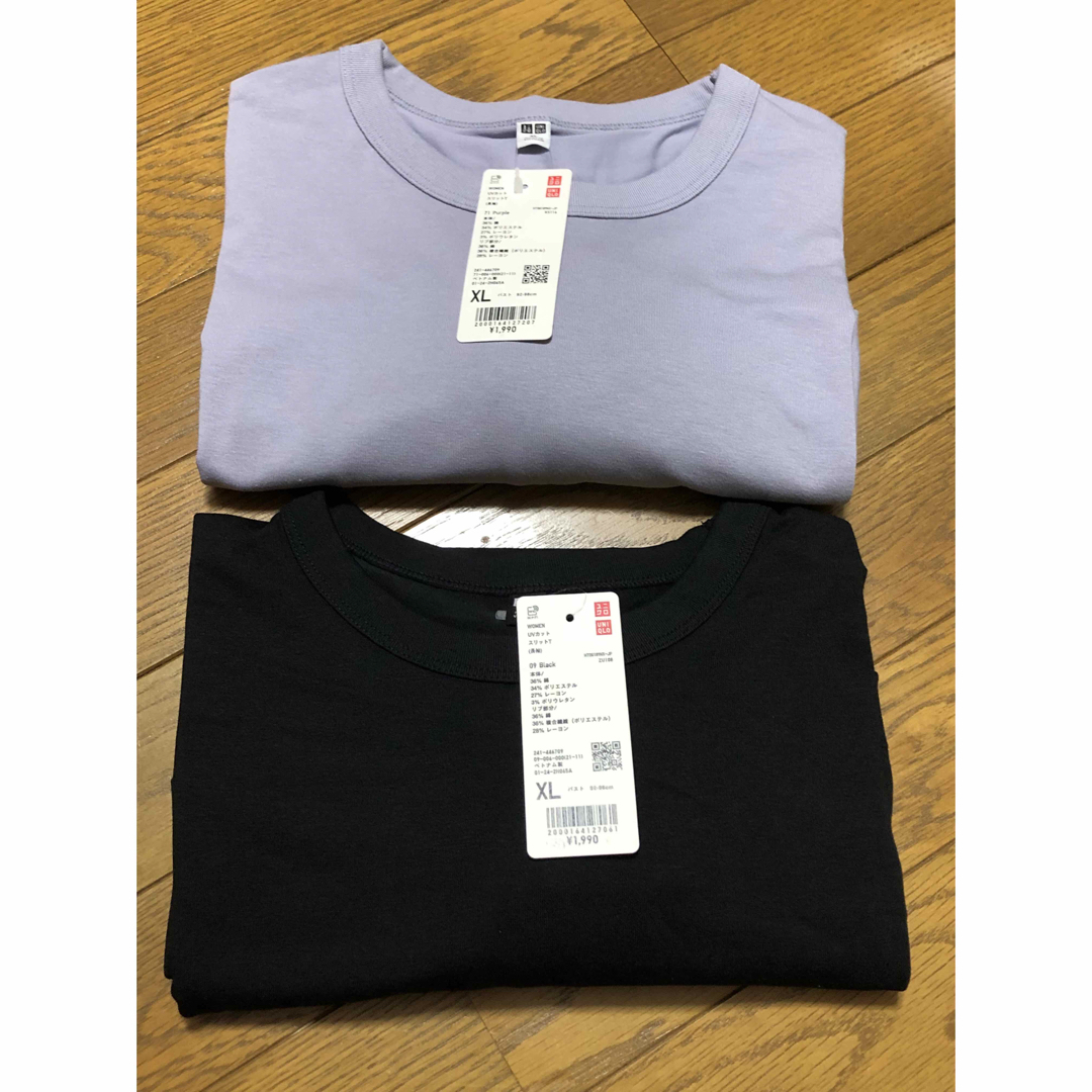 UNIQLO(ユニクロ)のタグ付き　ユニクロ　UVカットスリットT（長袖）X L ブラック　パープル レディースのトップス(Tシャツ(長袖/七分))の商品写真