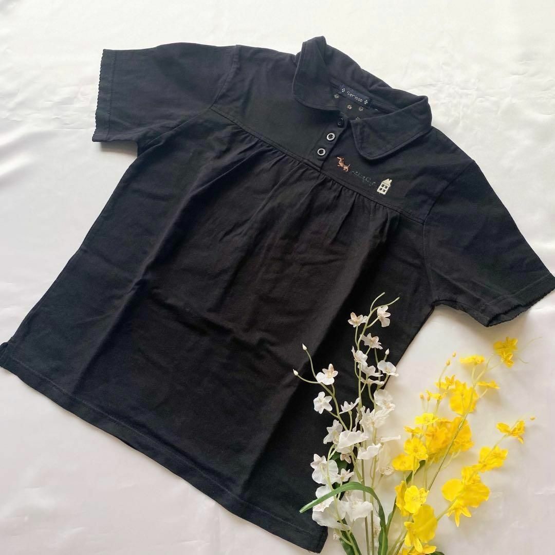 レトロちっく　Serioso 黒の半袖ポロシャツカジュアル　M レディース レディースのトップス(Tシャツ(半袖/袖なし))の商品写真