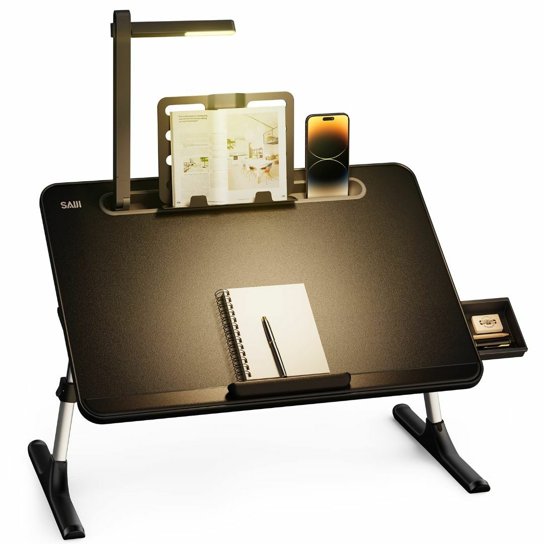 SAIJI ベッドテーブル LEDライト付け 3段明るさ調整 ミニテーブル 収納