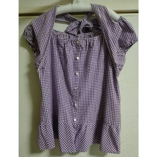 >チェック柄リボン付きブラウス 半袖 夏服 11R号 ポケットなし 紫 94g(シャツ/ブラウス(半袖/袖なし))