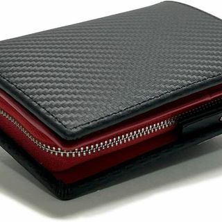 匿名配送　メンズ　二つ折り 縦型 カーボンレザー 　財布 　レッド(折り財布)