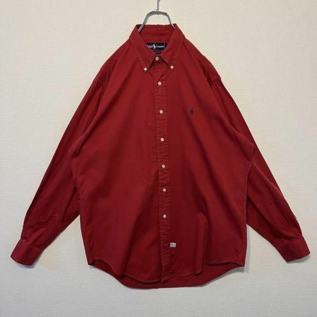 90s ラルフローレン BDシャツ レッド赤 ポニー刺繍青ネイビー USA 1