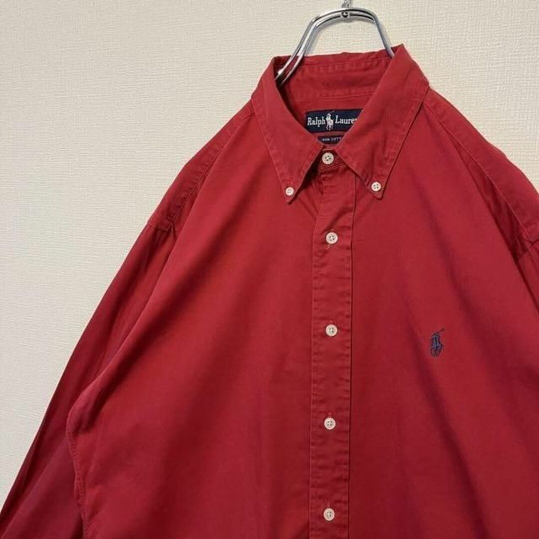 90s ラルフローレン BDシャツ レッド赤 ポニー刺繍青ネイビー USA 5