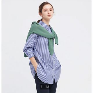 ユニクロ(UNIQLO)のUNIQLO コットンストライプロングシャツ　S ブルー(シャツ/ブラウス(長袖/七分))