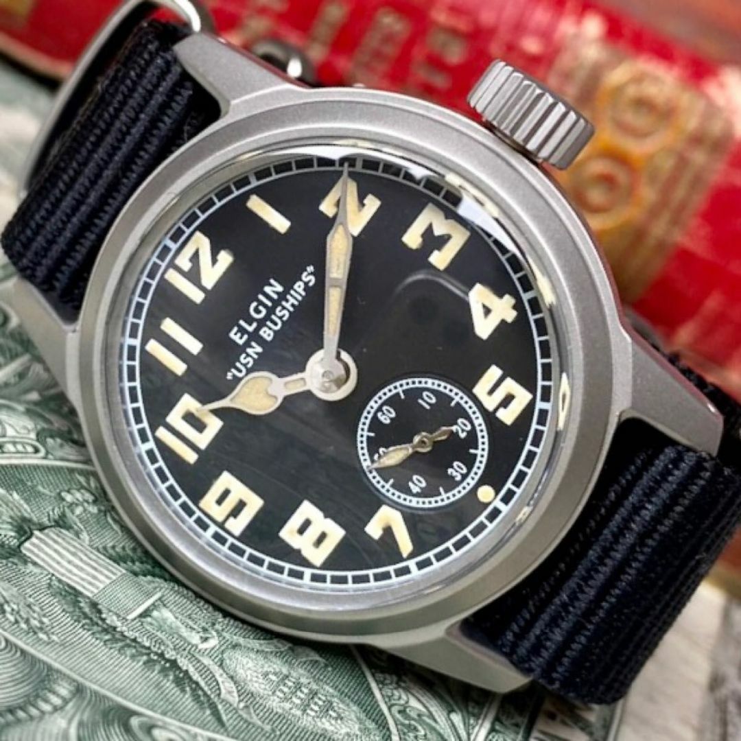 【美品】エルジン メンズ腕時計 ブラック ミリタリー 手巻き ヴィンテージブラックインデックス