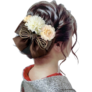 NO.A-17-4 大きなリボンとお花の髪飾りセット　ブラウン(その他)