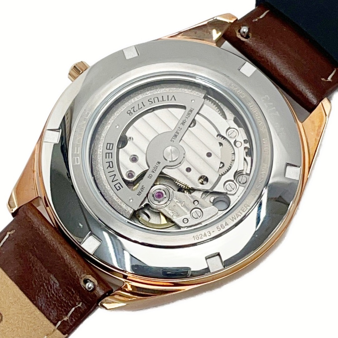 BERING 自動巻き 16243-564 ブラウン アナログ 白文字盤 レザー メンズ 腕時計