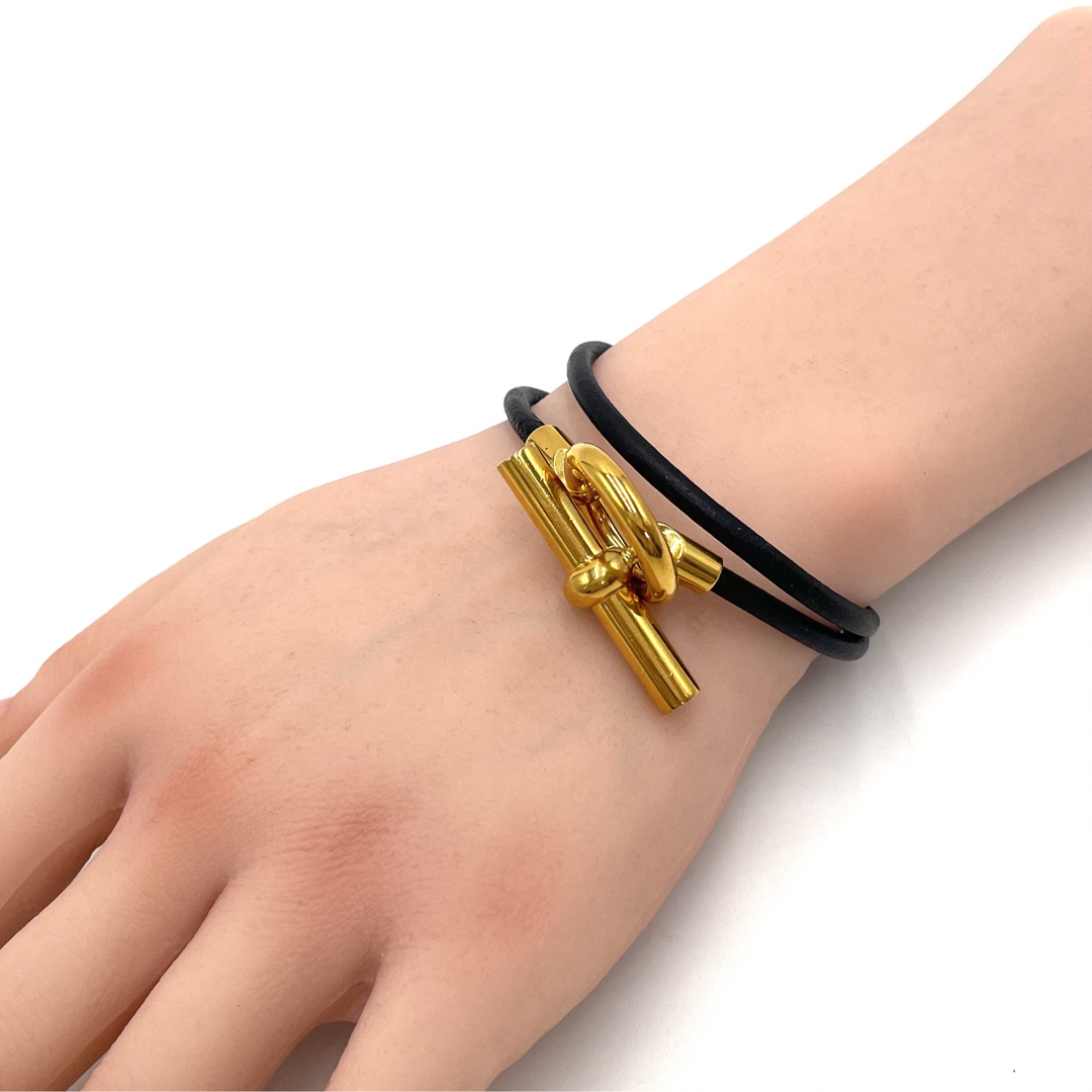 エルメス レザー ブレスレット グレナン 二重巻き トグル ゴールド金具 黒