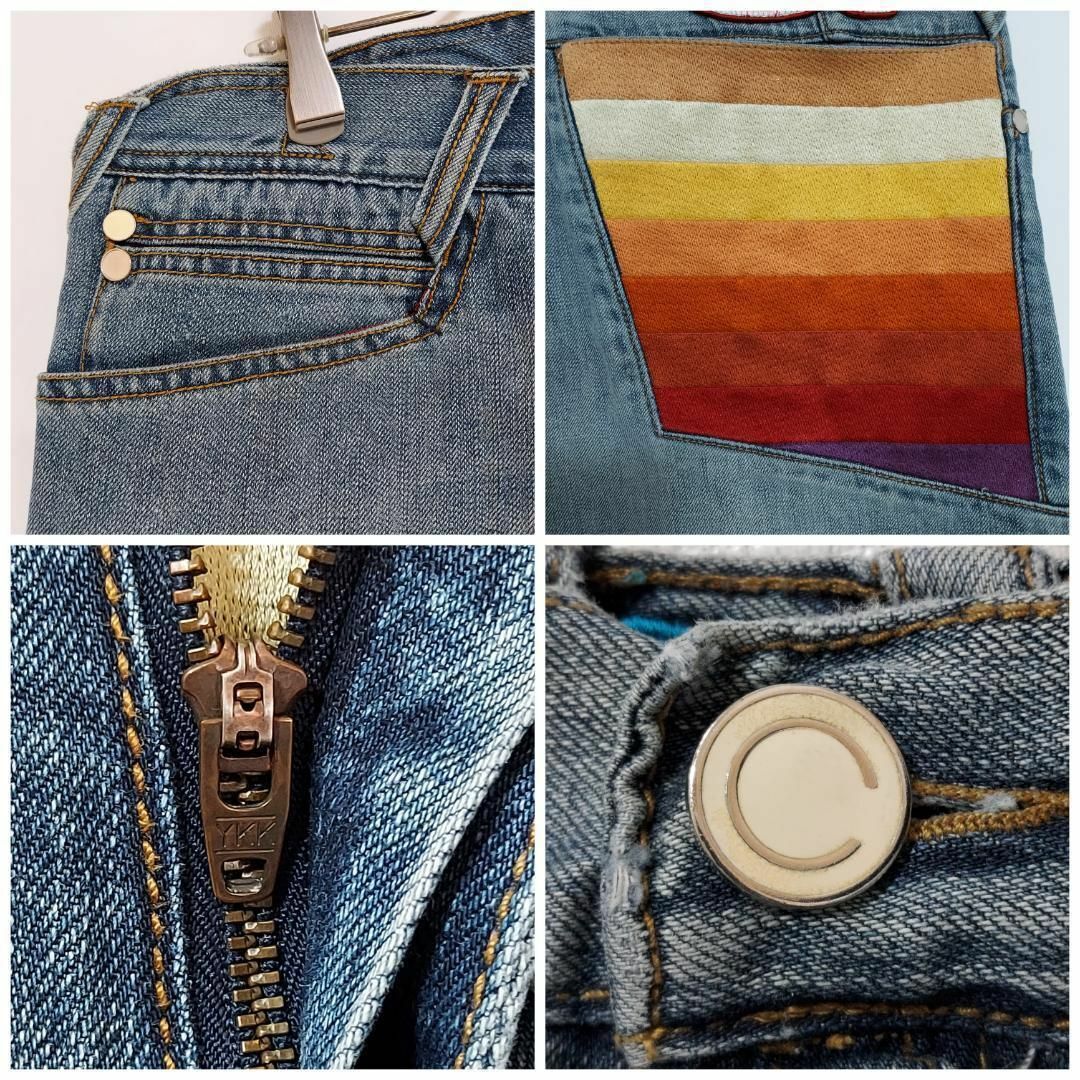 W38 COOGI クージー ワイドバギーボトム デニム ポケット刺繍 青 赤