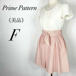 プライムパターン(PRIME PATTERN)の美品　シフォンミニワンピース　パフスリーブ　フレア　ギンガムチェック　リボン(ミニワンピース)