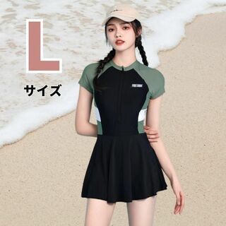 ワンピース 水着 おしゃれ 体型カバー 半袖 スポーティー 2023 黒 緑 L(水着)