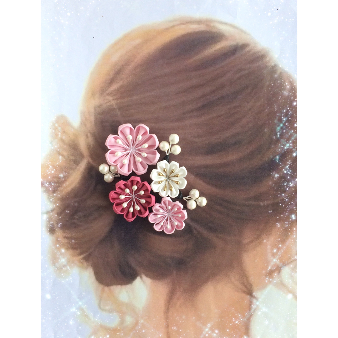 NO.Ｕ-49 お花の髪飾り ホワイト＆ピンクＵピン 7本セット