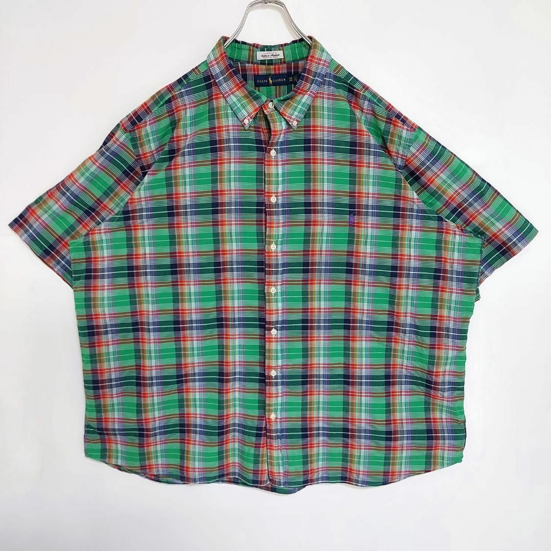 ラルフローレン BD 半袖チェックシャツ 3XL グリーン 緑 紺 ポニー刺繍