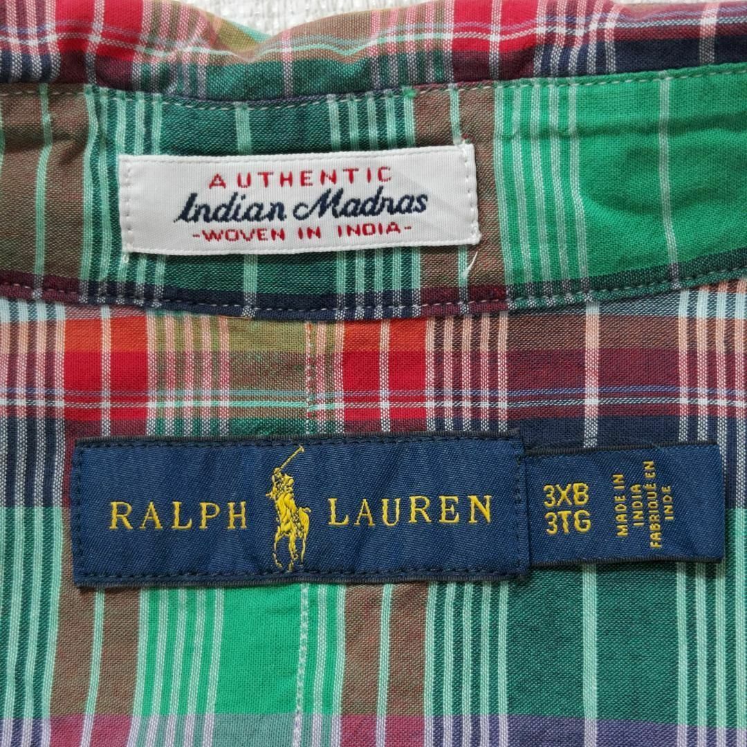 ラルフローレン BD 半袖チェックシャツ 3XL グリーン 緑 紺 ポニー刺繍