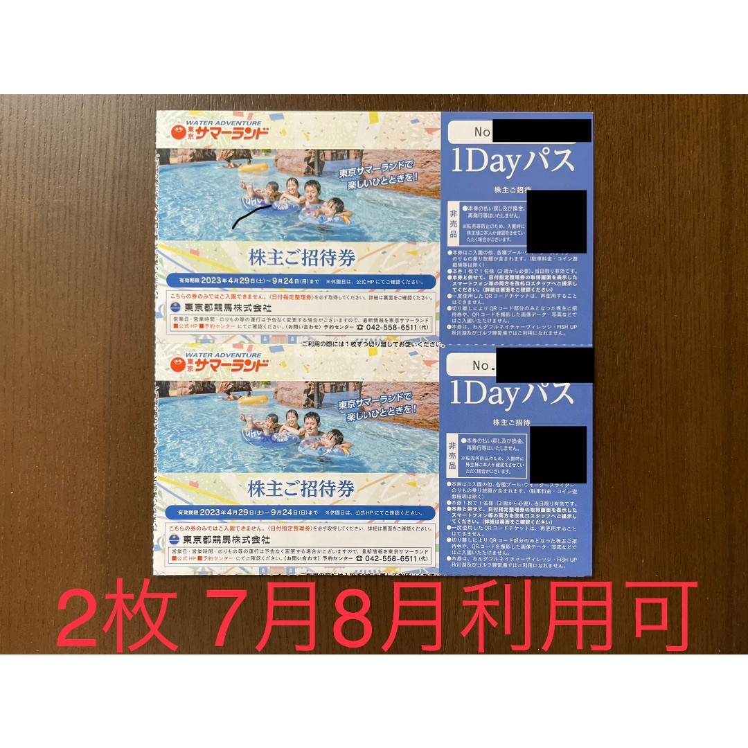 2枚セット 7月8月利用可 東京サマーランド 招待券 株主優待券