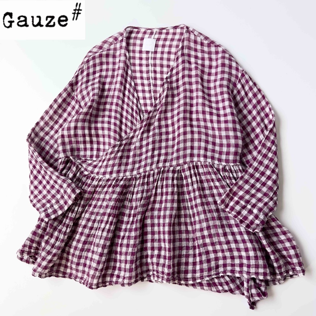 美品 22SS gauze♯ ギンガムリネンガーゼカシュクールブラウス ゆったり