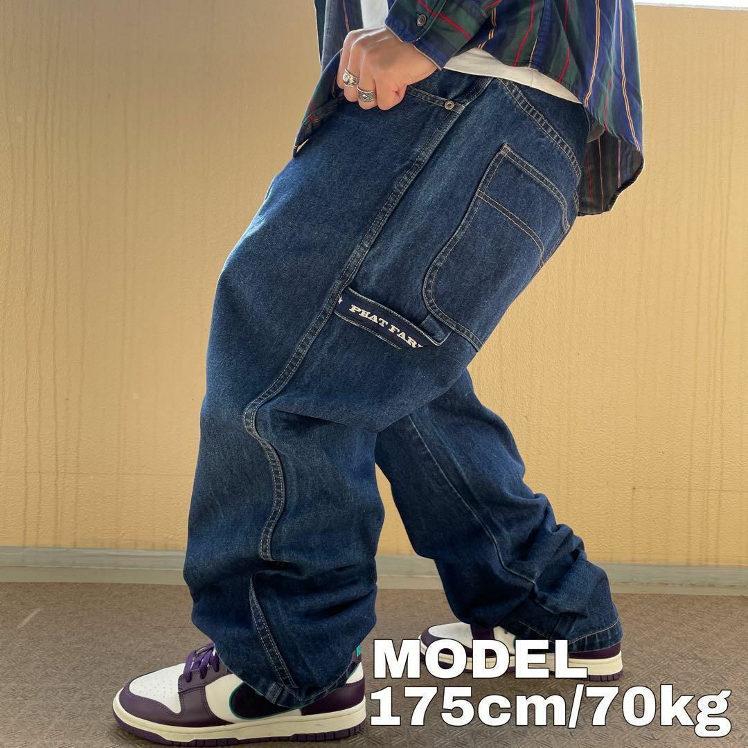 W36 ファットファーム 極太バギーペインターパンツ デニム ネイビー 紺