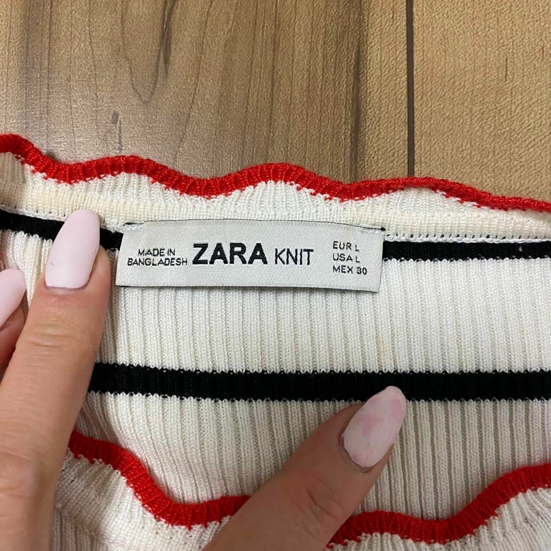 ZARA(ザラ)のZARA ザラ　ボーダー　半袖　ニット　Lサイズ　春服　夏服　秋服　ホワイト レディースのトップス(Tシャツ(半袖/袖なし))の商品写真