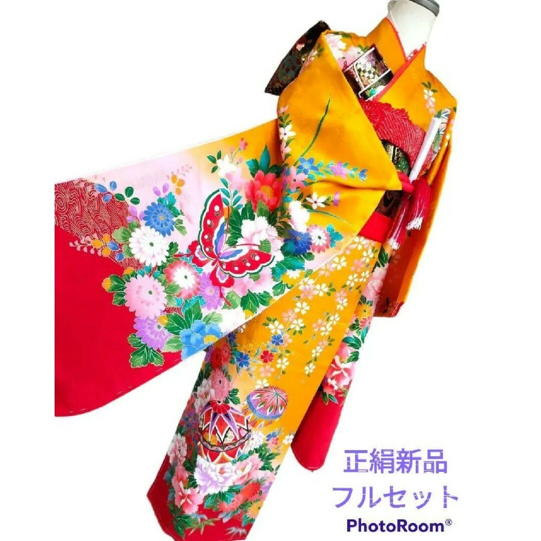 未使用品☆山吹色の着物に黒の作り帯☆七五三フルセットの通販 by しの