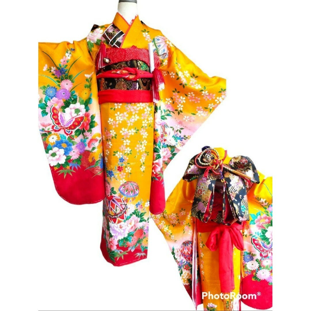 未使用品☆山吹色の着物に黒の作り帯☆七五三フルセット