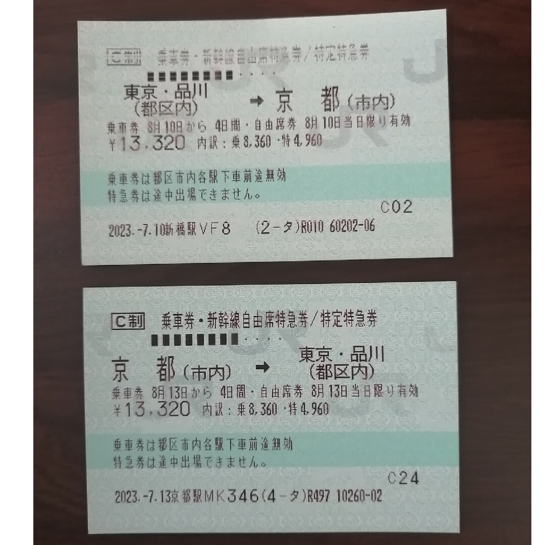 東京=新大阪 新幹線自由席回数券 往復分 6/5迄有効