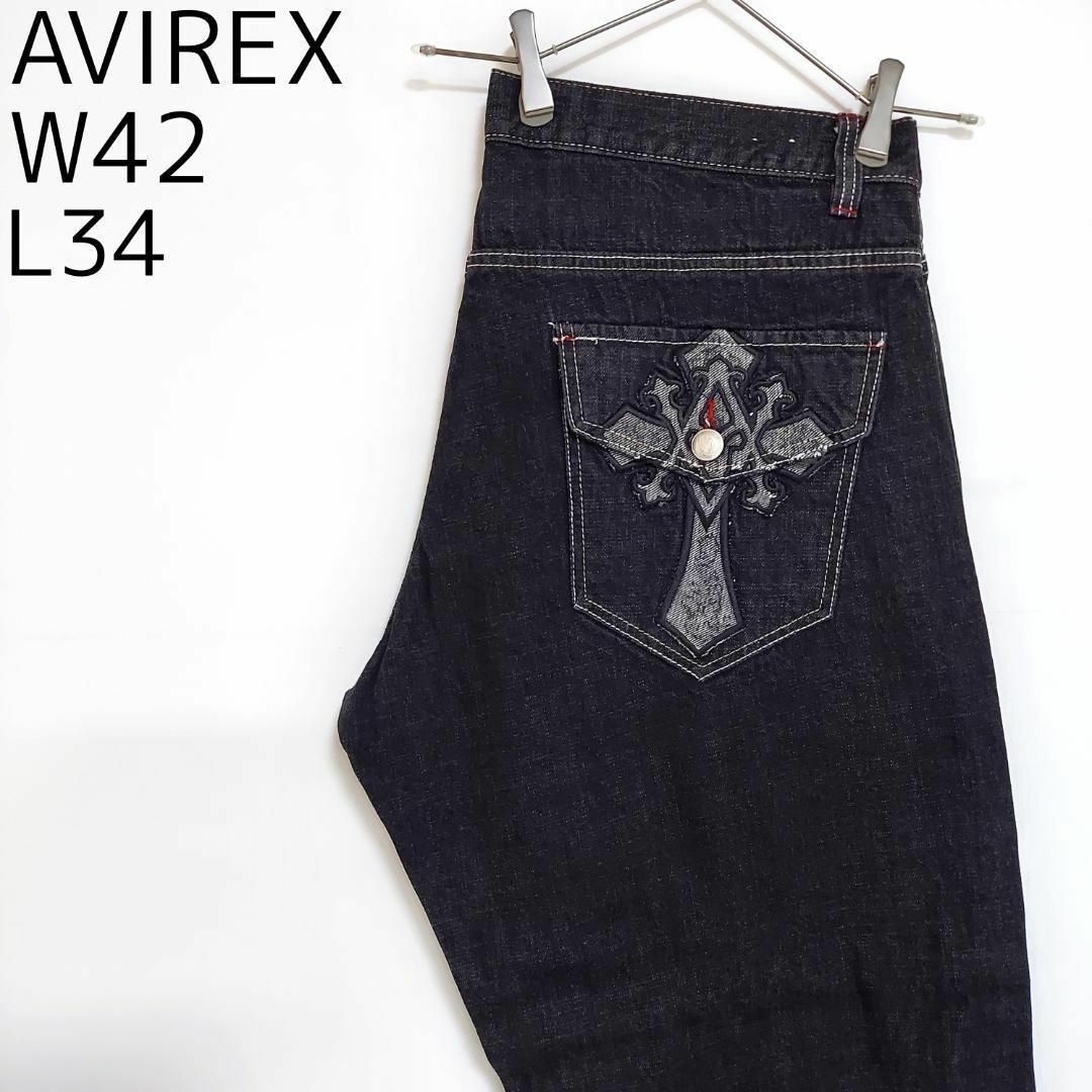W36 アヴィレックス ポケットロゴ刺繍 ワイドバギーパンツ ブラックデニム 黒