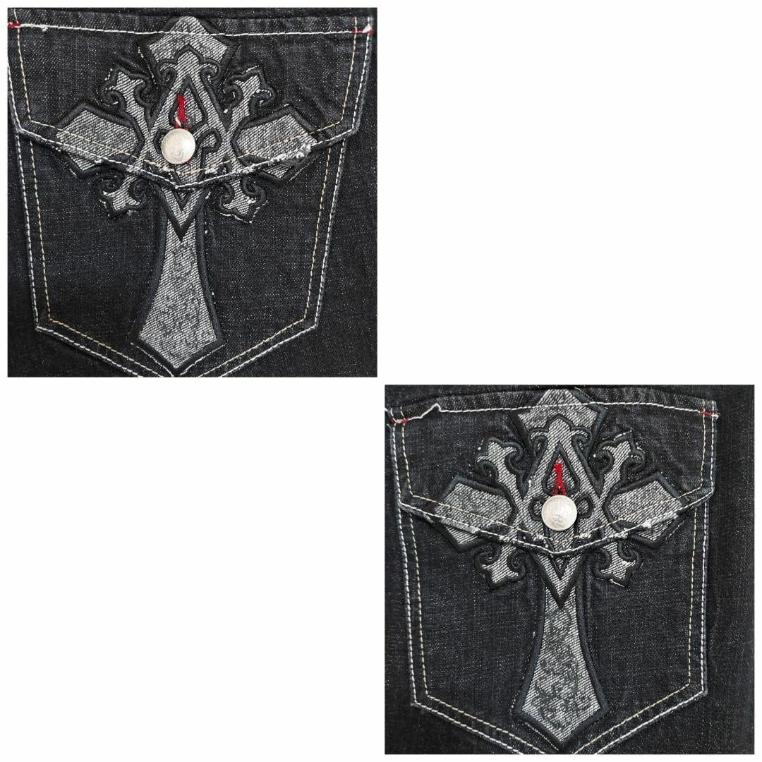 W36 アヴィレックス ポケットロゴ刺繍 ワイドバギーパンツ ブラックデニム 黒
