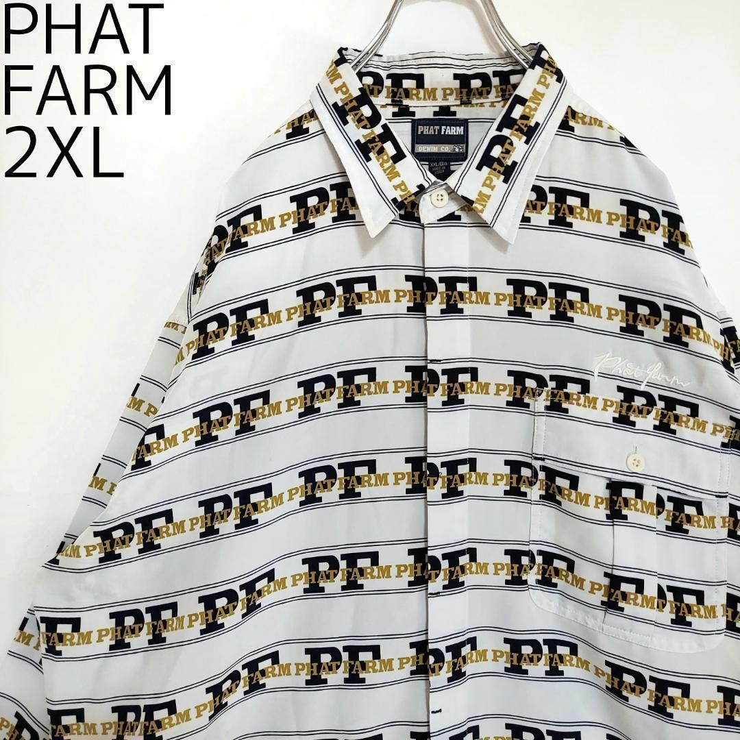 ファットファーム ロゴ刺繍 HIPHOPシャツ 柄シャツ 2XL ホワイト 白 1