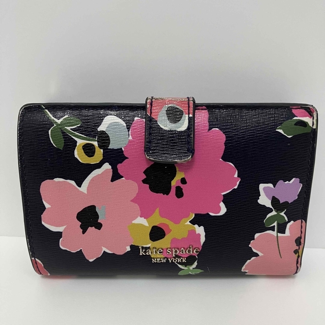 美品✨ケイトスペード　レディース　折財布　 レザー 　花柄　黒　ブラック　ピンク