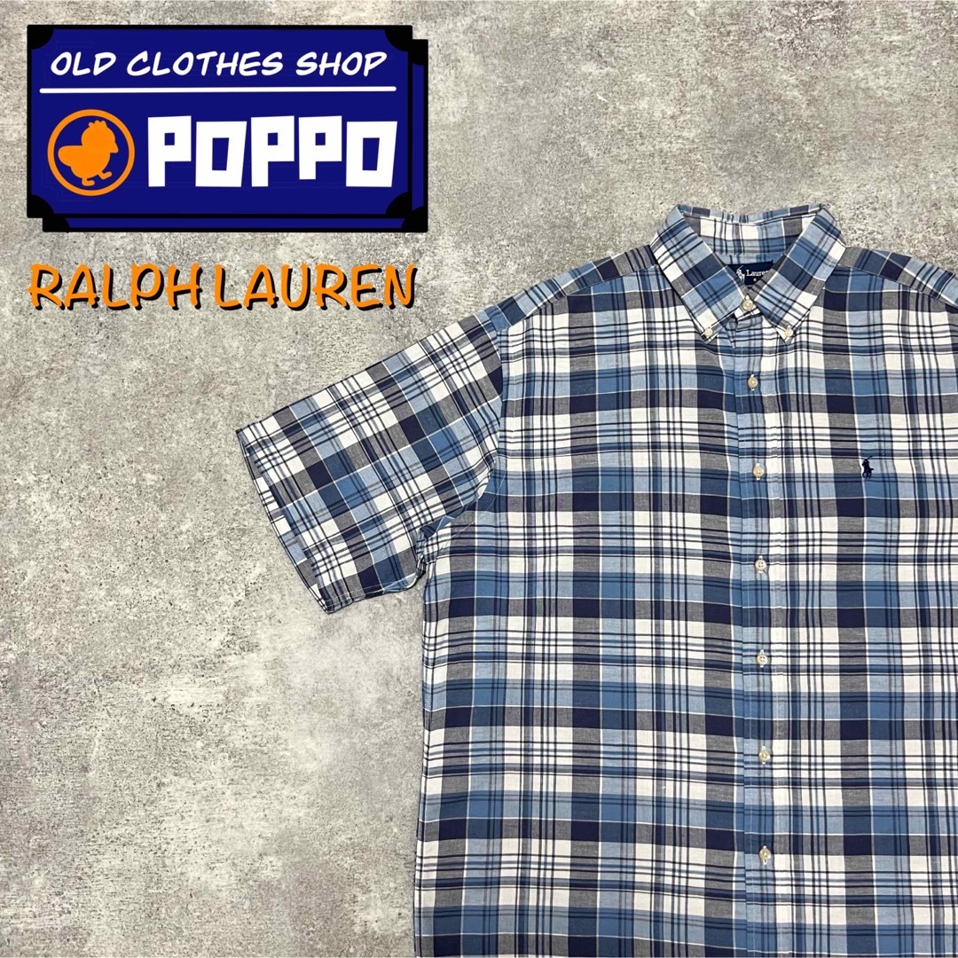 Ralph Lauren(ラルフローレン)のラルフローレン☆ワンポイント刺繍ロゴ半袖ライトチェックシャツ 90s 水色 メンズのトップス(シャツ)の商品写真