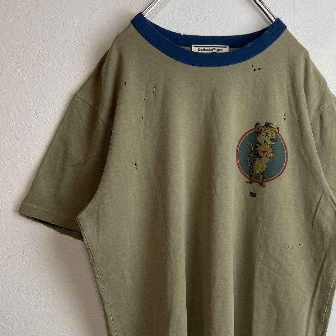 【人気リンガーTシャツ】オニツカタイガーワンポイントロゴ半袖Tボロ加工XL