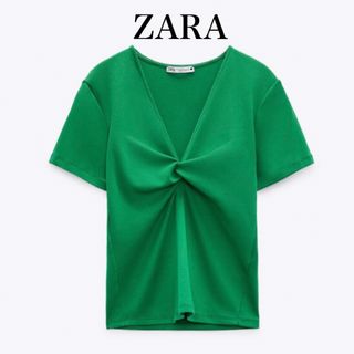 ザラ(ZARA)の再お値下げ♡ ZARA トップス ノットディテール付き Tシャツ グリーン(Tシャツ(半袖/袖なし))