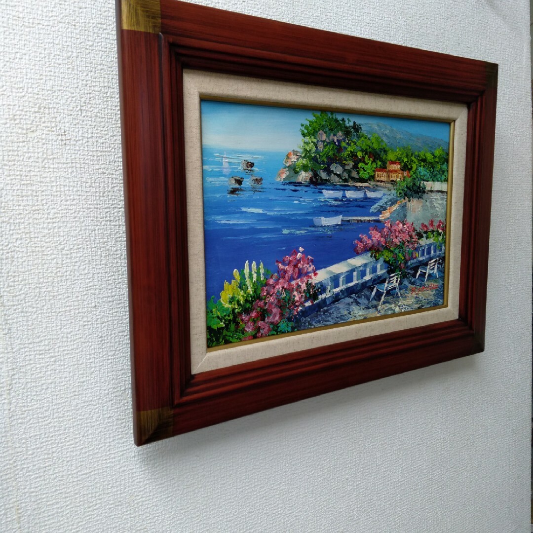 肉質油絵 横 特寸法 バルコニーからの海岸 額装仕上げ品 www