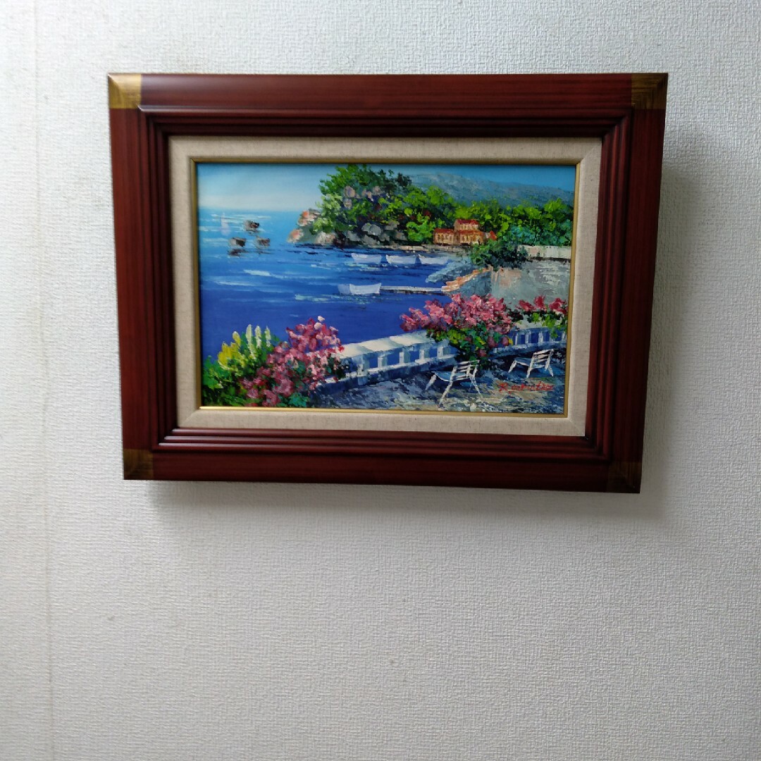 肉質油絵 横 特寸法 バルコニーからの海岸 額装仕上げ品 www