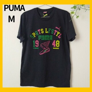 PUMA　プーマ　ビックプリント　Tシャツ　半袖　刺繍ロゴ　黒T　丸首　M(Tシャツ/カットソー(半袖/袖なし))