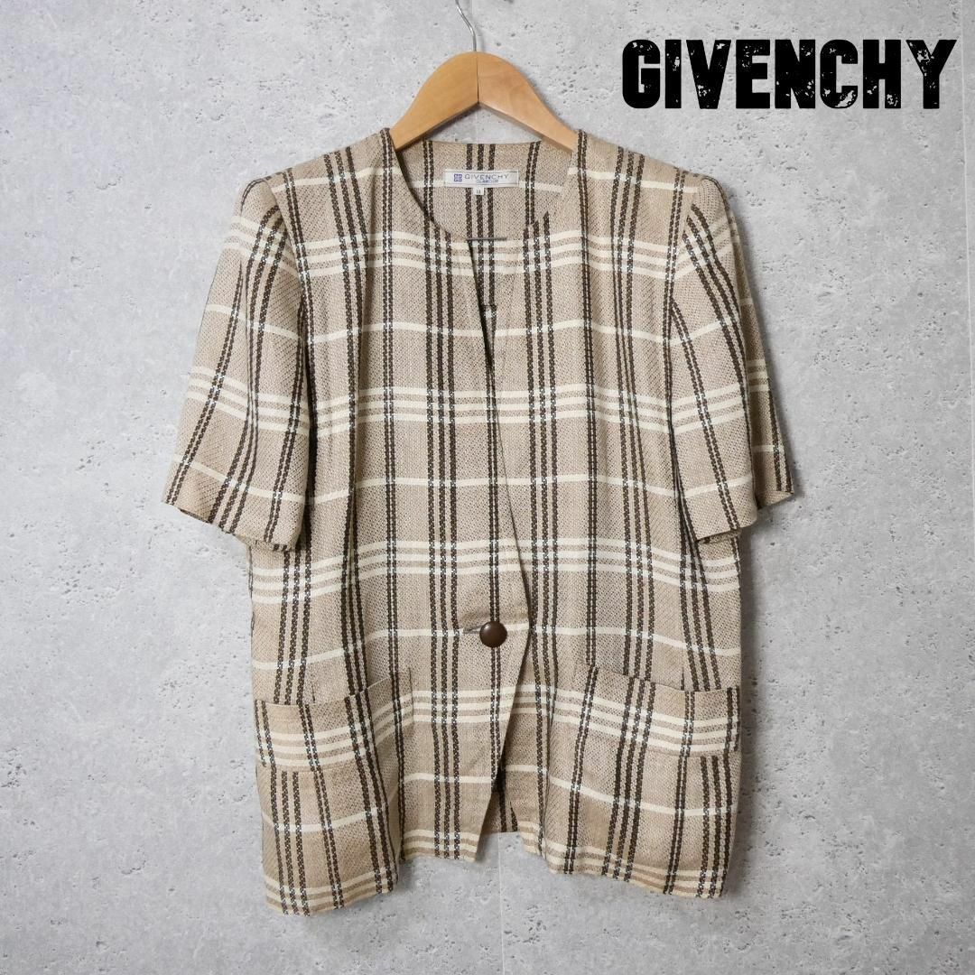 美品 GIVENCHY マドラスチェック柄 リネン100％ ノーカラージャケット