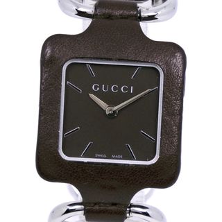 グッチ(Gucci)の【GUCCI】グッチ スクエアフェイス YA130.5 ステンレススチール×レザー シルバー クオーツ アナログ表示 メンズ ブラウン文字盤 腕時計(腕時計(アナログ))