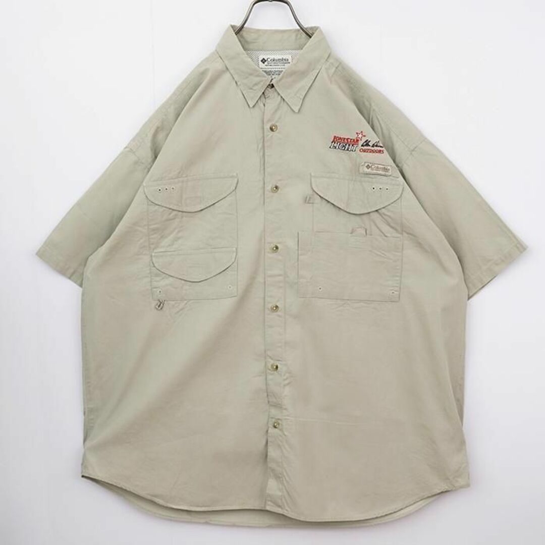 Columbia(コロンビア)の90s コロンビア 企業ロゴ PFG 刺繍フィッシングシャツ XL ベージュ メンズのトップス(Tシャツ/カットソー(半袖/袖なし))の商品写真