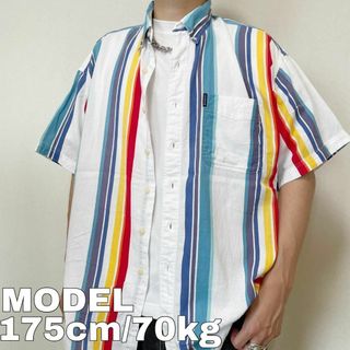 90s チャップス ラルフローレン ポケット ストライプシャツ L 白 緑 青