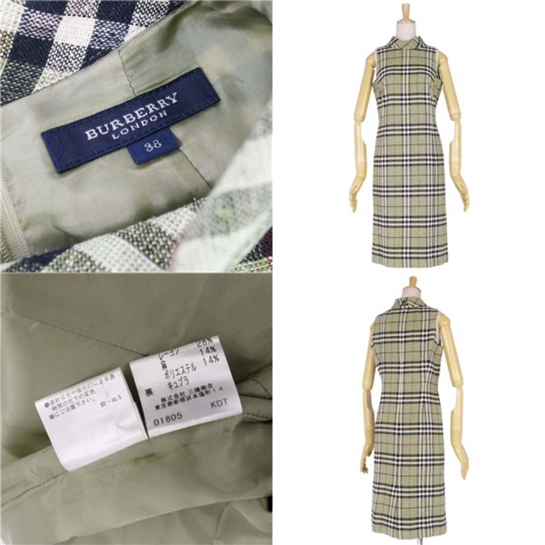 BURBERRY(バーバリー)の美品 バーバリー ロンドン BURBERRY LONDON ワンピース ノースリーブ チェック シルク トップス レディース 38(M相当) グリーン レディースのワンピース(ひざ丈ワンピース)の商品写真