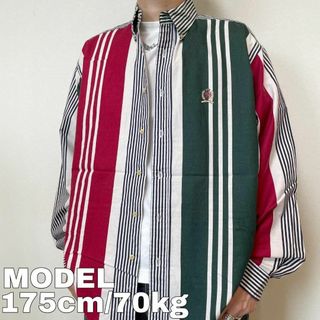 トミーヒルフィガー(TOMMY HILFIGER)の90s トミーヒルフィガー ポケット ストライプシャツ L ホワイト 緑 赤 紺(シャツ)