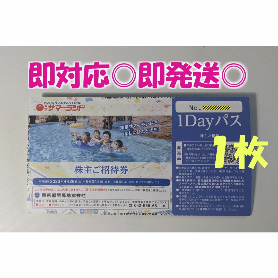 即発送◎【４枚】東京サマーランド １DAYパス・制限無・追加可 / 優待東京都競馬