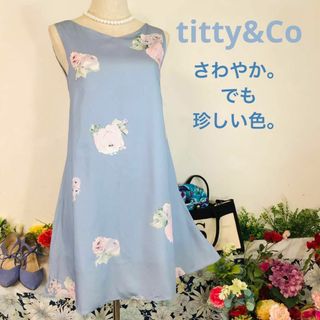 ティティアンドコー(titty&co)のtitty&Co 袖なしワンピースミニ　チュニックワンピース　青系花柄　S(ミニワンピース)