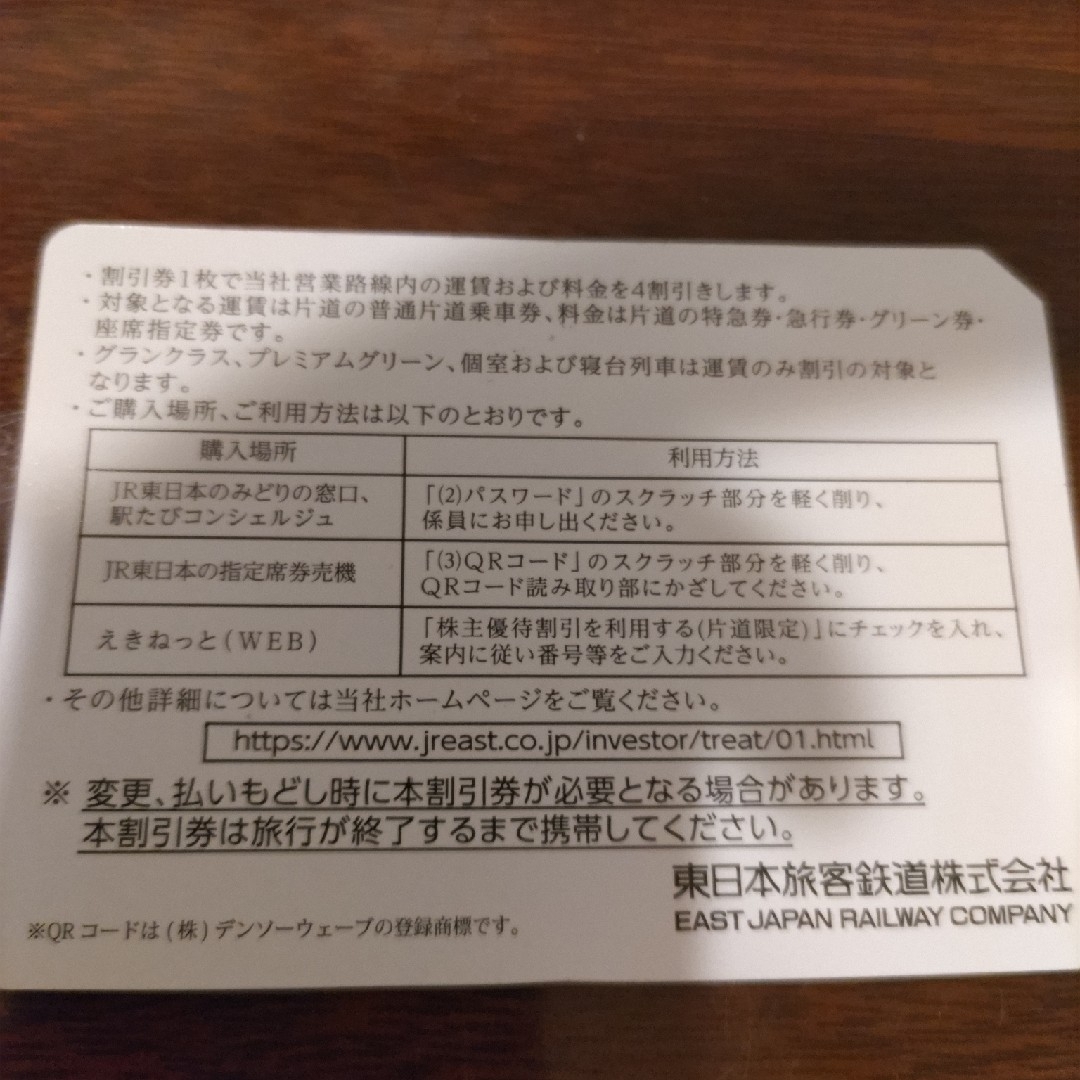 JR(ジェイアール)のJR東日本　株主優待割引券 チケットの乗車券/交通券(その他)の商品写真