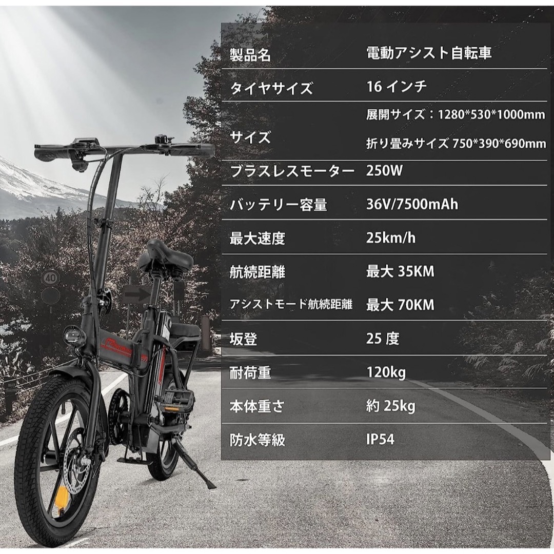 新品　電動自転車　折りたたみ可能　16インチ　速度25km/h 続行距離70km スポーツ/アウトドアの自転車(自転車本体)の商品写真