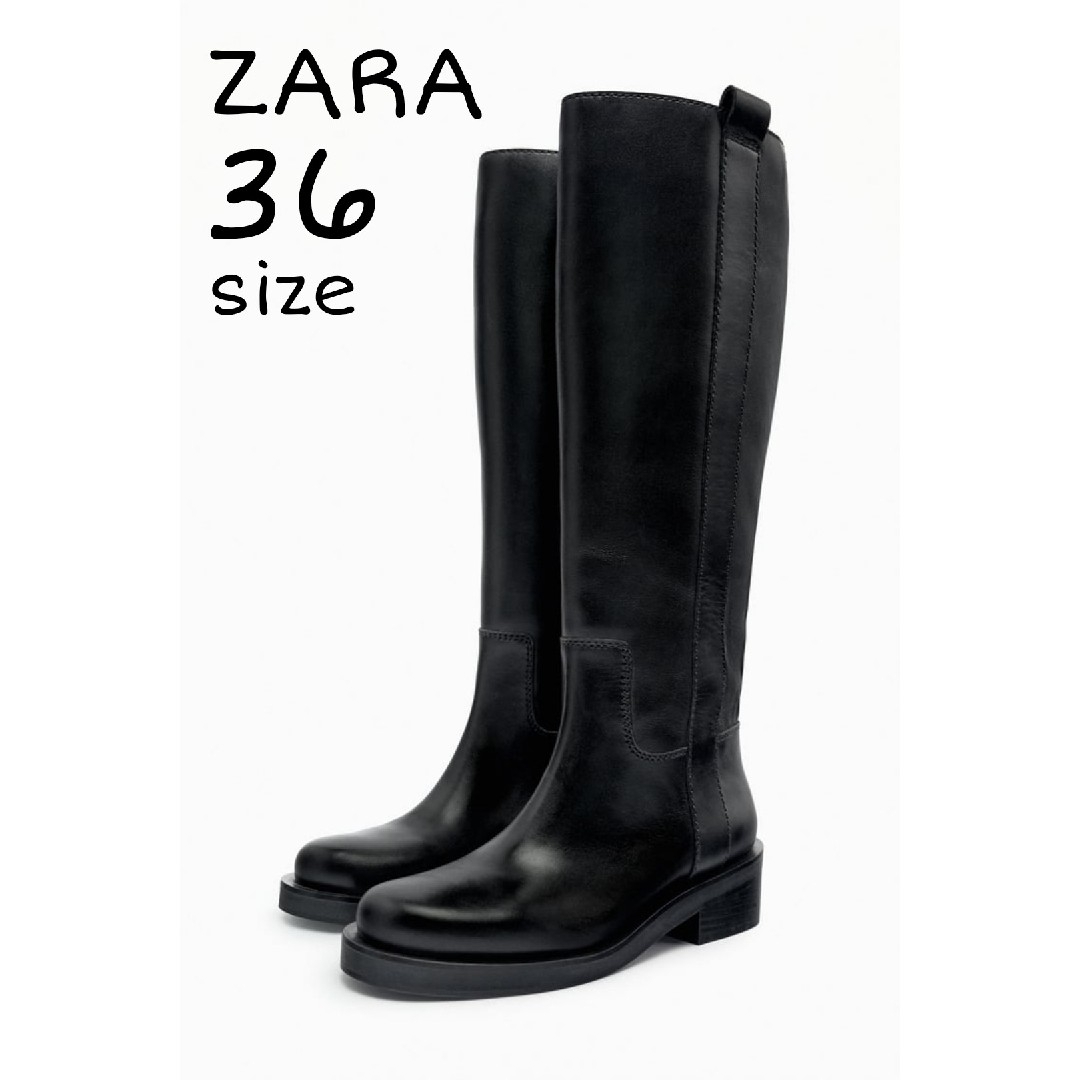 ZARA(ザラ)のZARA　レザーフラットブーツ　36サイズ　ブラック レディースの靴/シューズ(ブーツ)の商品写真
